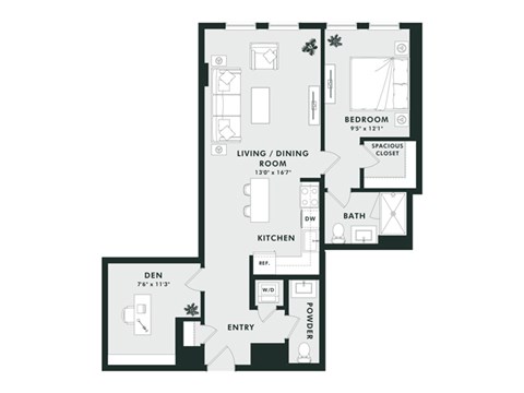 Floor plan for 1 bed, 1 bath, 913 sqft